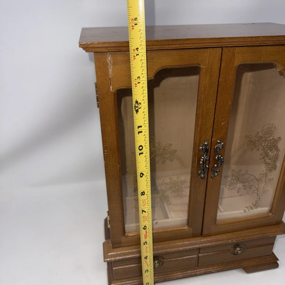 Vintage Wood 2 Door Jewelry Box Armoire Style Cabinet w Mirror Drawer Scuffs